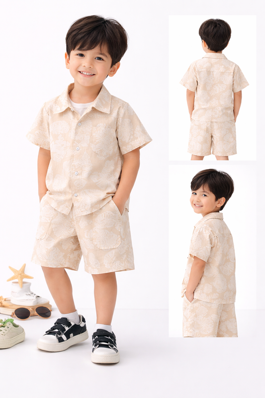 Boys' "Coastal Calm" Tropical Leaf 2-Piece Resort Set – Sandstone Beige