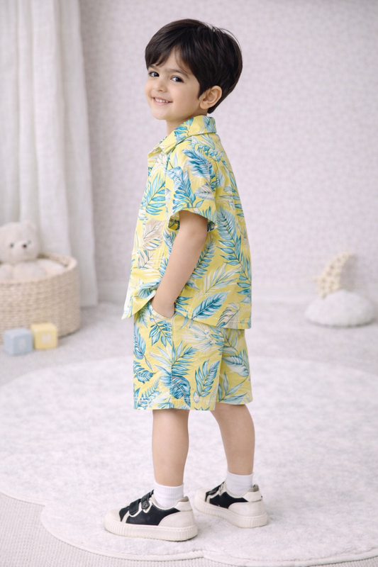Boys' Tropical Leaf Print 2-Piece Resort Set – Sunburst Yellow