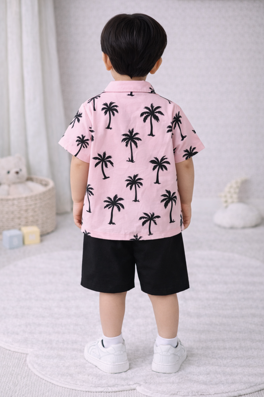 Toddler Boy 2-Piece Pink Palm Tree Print Shirt and Solid Black Shorts Set