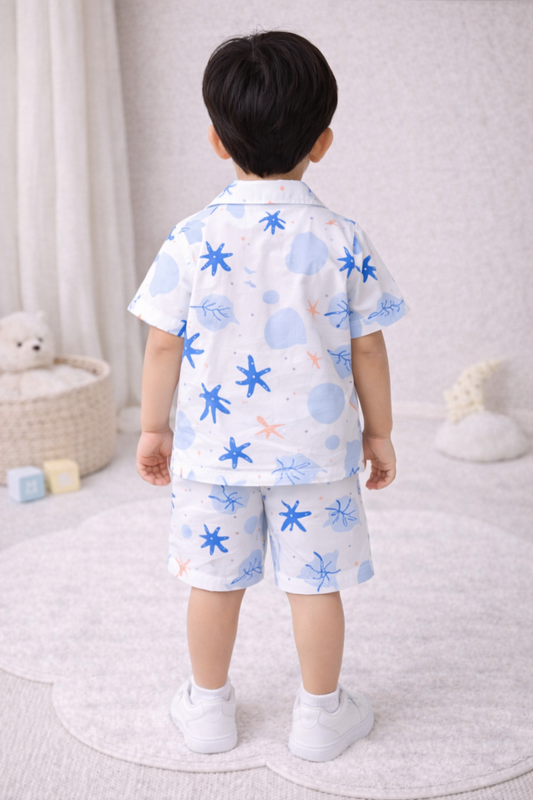 Toddler Boy 2-Piece White Starfish and Seashell Nautical Print Summer Set