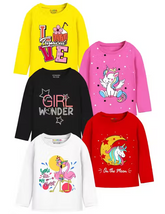 Assorted Colors & Prints Pack of 5 Girls Full Sleeve Cotton Blend T-Shirts