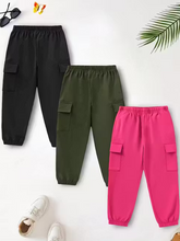 Trampoline Girls Pack of 3 Solid Joggers with Elastic Waistband (Black, Green & Pink)