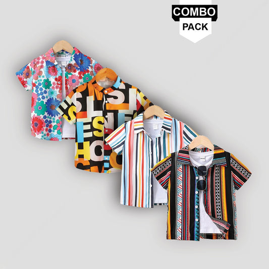 Boy's Stylish Floral and Plaid Patched Pocket Box Designer Animal Button Front (Combo Pack Of 4) Shirt For Boy
