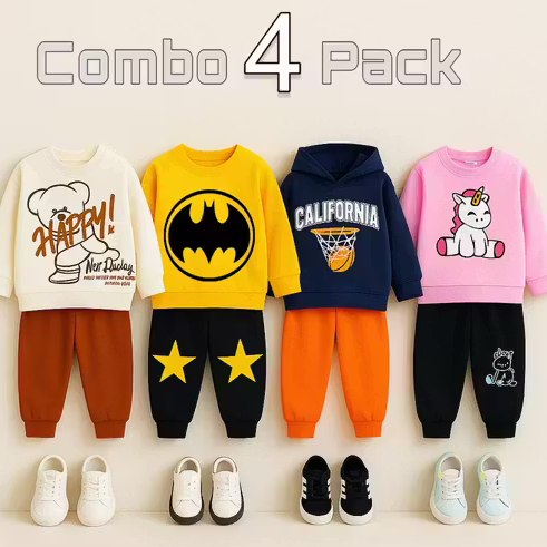 New Trendy Top Sweatshirts Hoodies T-shirts and Bottom Trousers Track Pants sets kids clothing sets COMBO of 4 Dress pack