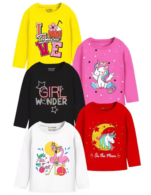 Assorted Colors & Prints Pack of 5 Girls Full Sleeve Cotton Blend T-Shirts