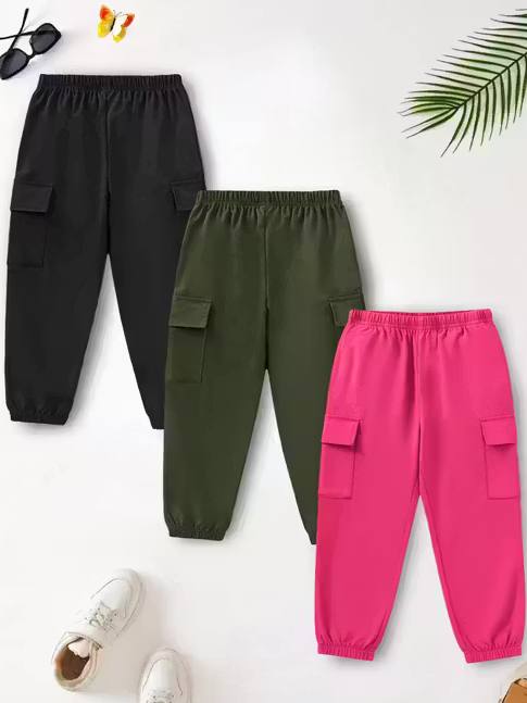 Trampoline Girls Pack of 3 Solid Joggers with Elastic Waistband (Black, Green & Pink)